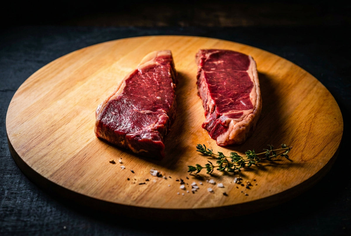 Two raw beef tenderloin steaks placed side by side on a round wooden cutting board.